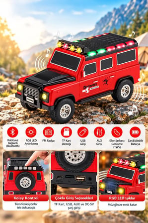 Torima Bluetooth Hoparlör Araba Tasarımlı TWS 15W USB Speaker D95 Kırmızı