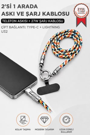 Torima Hızlı Şarj Kablosu Telefon Askısı Type-C to Lightning 27W Örgü Data Kablo U32 Renkli