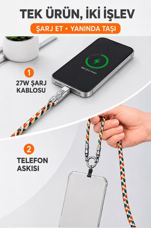 Torima Hızlı Şarj Kablosu Telefon Askısı Type-C to Lightning 27W Örgü Data Kablo U32 Renkli