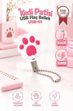 USB Flash Bellek 32GB Kedi Patisi Görünümlü Anahtarlıklı USB Drive USB01 Beyaz