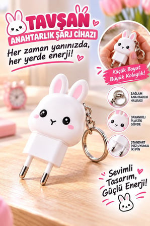 Torima Şarj Adaptörü Tavşan Görünümlü Anahtarlıklı 20W Hızlı Şarj Cihazı C41 Beyaz
