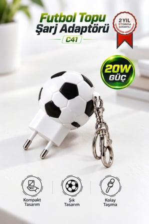 Torima Şarj Adaptörü Futbol Topu Görünümlü Anahtarlıklı 20W Hızlı Şarj Cihazı C41 Beyaz Siyah