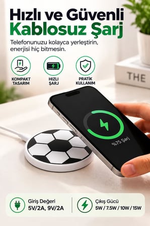 Torima Kablosuz Şarj Cihazı Futbol Topu Görünümlü 15W Hızlı Şarj Pad MC07 Beyaz