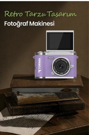 Mini Dijital Retro Kamera 48MP 8X Zoom Flip Ekranlı Selfie Video Vlog Kamerası CMR51 Mor