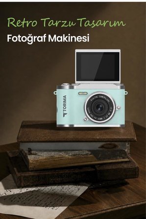 Mini Dijital Retro Kamera 48MP 8X Zoom Flip Ekranlı Selfie Video Vlog Kamerası CMR51 Mavi