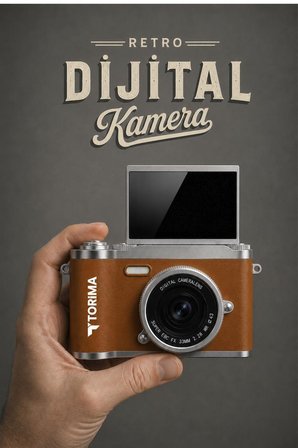 Mini Dijital Retro Kamera 48MP 8X Zoom Flip Ekranlı Selfie Video Vlog Kamerası CMR51 Kahverengi