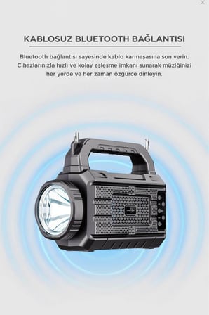 Bluetooth Hoparlör Güneş Panelli Projektör El Fenerli Kablosuz Speaker GTS-2227 Siyah