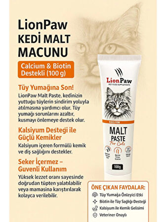 Anti-Hairball Tüy Yumağı Önleyici Malt Macun 100 GR Biotin-Kalsiyum Güçlü İçerik