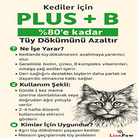 Kediler İçin Biotinli Multivitaminli ve Çinkolu Tüy Dökülmesini Azaltıcı Plus B Damla 50 ML