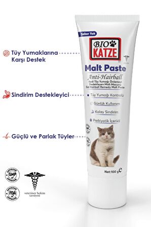 Biokatze Malt Paste Kedi Tüy Yumağı Önlemeyi Destekleyen Malt Macunu 100gr