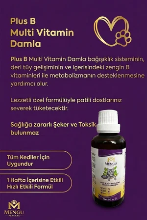 mengu petcare Tüy Dökülmesini Önleyici ve Tüy Sağlığını Destekleyici Kediler için Biotin'li B Complex Damla 50 ml