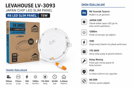 AKILLIELMA-LEVA LV-3093 LED PANEL YUVARLAK SLIM SIVA ALTI 15W BEYAZ 19CM