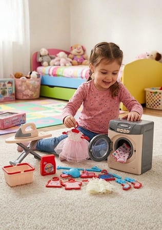 OYUNCAK Işıklı, Sesli  Çamaşır Makinesi, Ütü ve Ütü Masası 3'lü Set