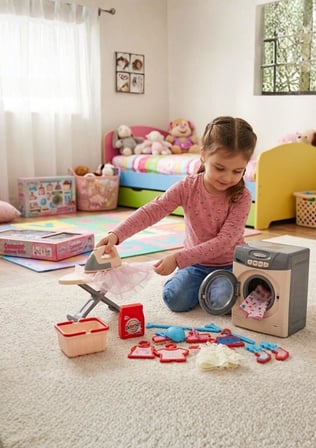 OYUNCAK Işıklı, Sesli  Çamaşır Makinesi, Ütü ve Ütü Masası 3'lü Set