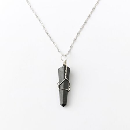 Obsidyen Doğal Taş Kolye Ucu 3x1 cm, Gümüş Zincir