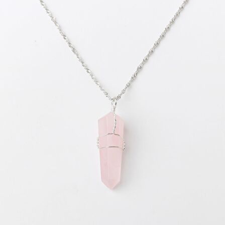 Pembe Kuvars Doğal Taş Kolye Ucu 3x1 cm, Gümüş Zincir