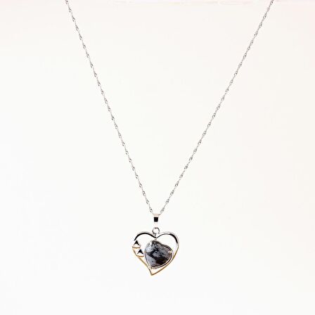 Karlı Obsidyen Doğal Taş Kalpli Kolye, Gümüş Zincir