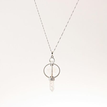 Kristal Kuvars Doğal Taş Markapon Yıldızlı Kolye, Gümüş Zincir