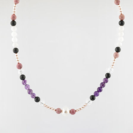 İnci-Jasper-Tumalin-Ametist-Necef-Hematit-Pembe Kuvars-Ay Taşı Doğal Taş Kolye