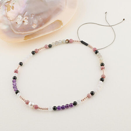 İnci-Jasper-Tumalin-Ametist-Necef-Hematit-Pembe Kuvars-Ay Taşı Doğal Taş Kolye