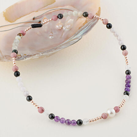 İnci-Jasper-Tumalin-Ametist-Necef-Hematit-Pembe Kuvars-Ay Taşı Doğal Taş Kolye