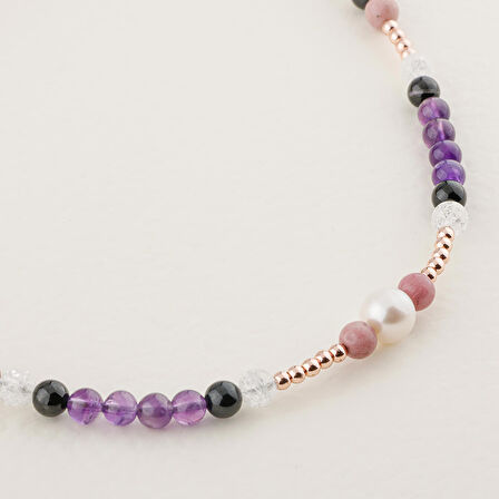 İnci-Jasper-Tumalin-Ametist-Necef-Hematit-Pembe Kuvars-Ay Taşı Doğal Taş Kolye