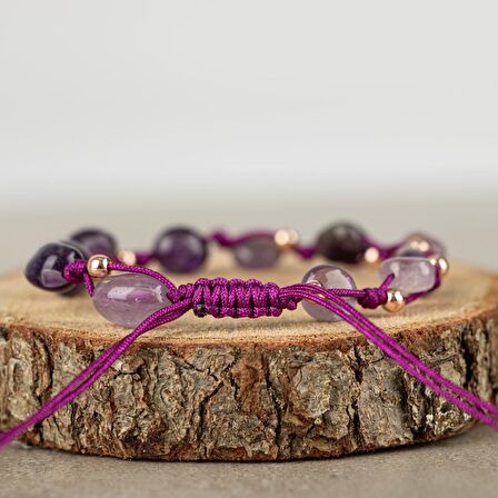 Ametist Natürel Kesim Doğal Taş Makrome Bileklik