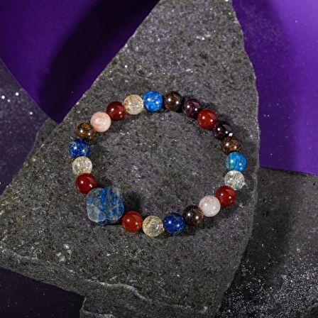 Aslan Burcu Bileklik Bordo Granat Lal, Bronzit, Güneş Taşı, Kırmızı Akik, Lapis Lazuli, Sitrin