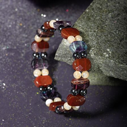 Kova Burcu Bileklik Hematit, Kırmızı Akik, Sedef, Yeşil Florit