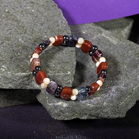 Kova Burcu Bileklik Hematit, Kırmızı Akik, Sedef, Yeşil Florit