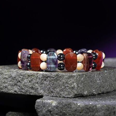 Kova Burcu Bileklik Hematit, Kırmızı Akik, Sedef, Yeşil Florit