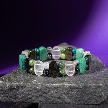 Boğa Burcu Bileklik Golden Obsidyen, Mavi Apatit, Pembe Kuvars, Rutilli Kuvars, Siyah Turmalin, Yeşil Aventurin, Yeşim