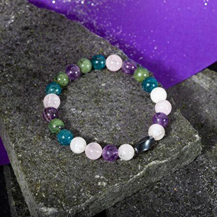 Balık Burcu Bileklik Ametist, Ay Taşı, Mavi Apatit, Pembe Kuvars, Yeşim