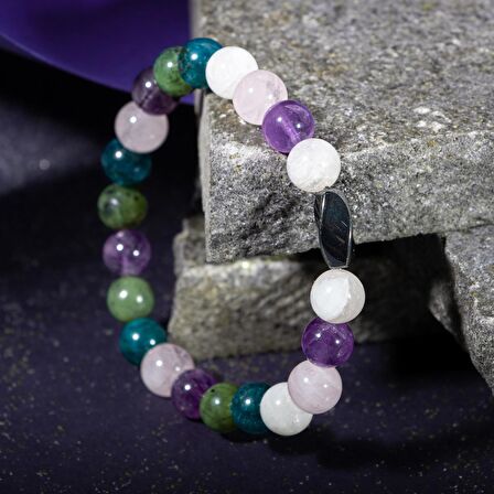 Balık Burcu Bileklik Ametist, Ay Taşı, Mavi Apatit, Pembe Kuvars, Yeşim