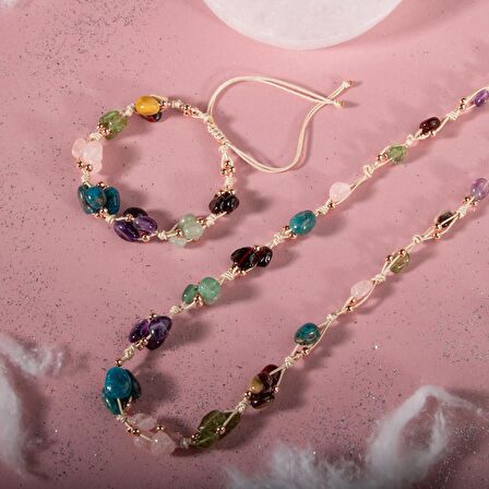 Başak Burcu Kolye Bileklik Seti Ametist, Bordo Granat Lal, Jasper, Mavi Apatit, Pembe Kuvars, Yeşil Aventurin, Zebercet (Peridot)
