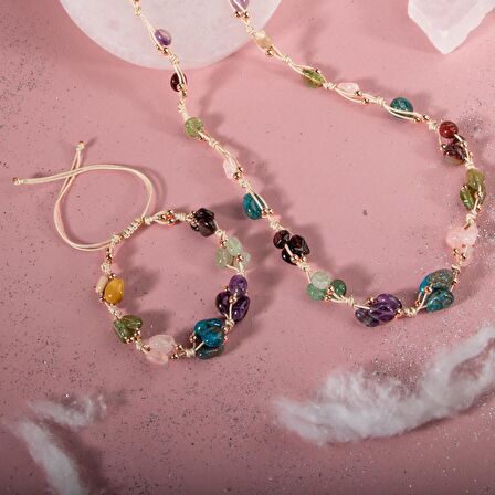 Başak Burcu Kolye Bileklik Seti Ametist, Bordo Granat Lal, Jasper, Mavi Apatit, Pembe Kuvars, Yeşil Aventurin, Zebercet (Peridot)