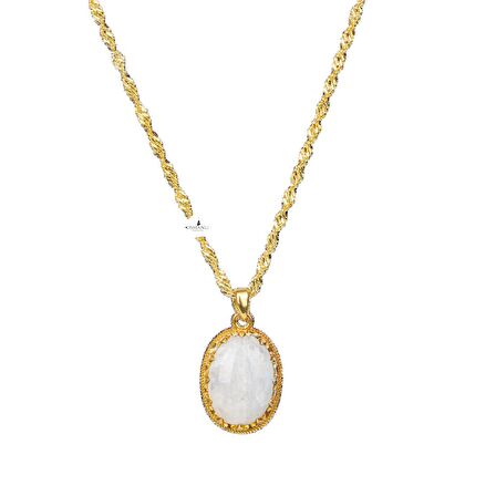 Ay Taşı Doğal Taş Sarı Gümüş Çerçeveli Kolye