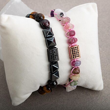 Kaplan Gözü-Pembe Kuvars Doğal Taş Zirkon Çift Bileklik Seti