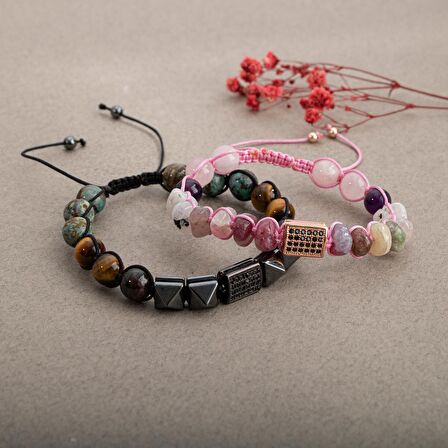 Kaplan Gözü-Pembe Kuvars Doğal Taş Zirkon Çift Bileklik Seti