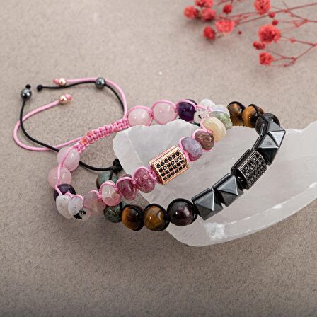 Kaplan Gözü-Pembe Kuvars Doğal Taş Zirkon Çift Bileklik Seti