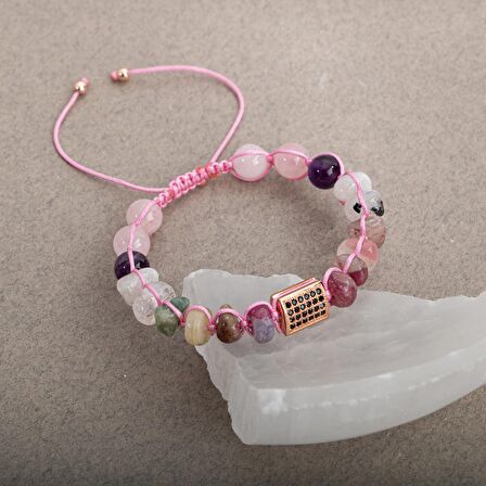 Kaplan Gözü-Pembe Kuvars Doğal Taş Zirkon Çift Bileklik Seti