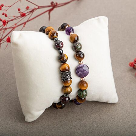 Kaplan Gözü Doğal Taş Çift Bileklik Seti