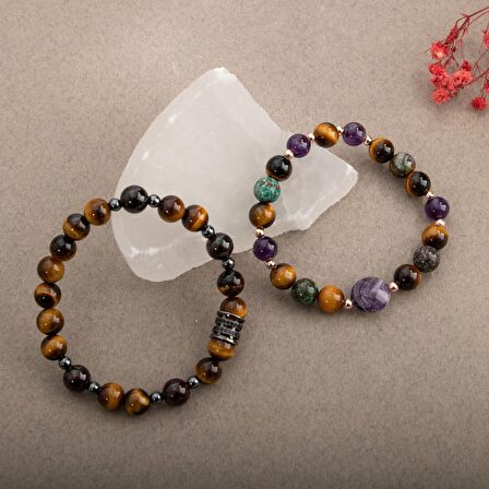 Kaplan Gözü Doğal Taş Çift Bileklik Seti