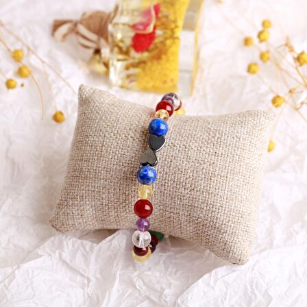 Kalpli Çakra Bileklik Ametist, Lal, Akik, Kuvars, Lapis, Sitrin