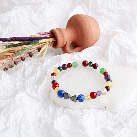 Kalpli Çakra Bileklik Ametist, Lal, Akik, Kuvars, Lapis, Sitrin