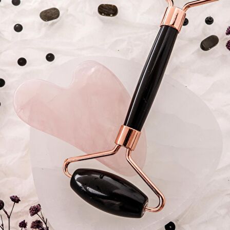 Obsidyen Roller ve Pembe Kuvars Kalpli Gua Sha Takımı