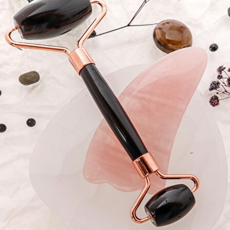 Obsidyen Roller ve Pembe Kuvars Kaz Ayağı Gua Sha Takımı