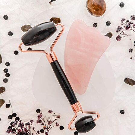 Obsidyen Roller ve Pembe Kuvars Kaz Ayağı Gua Sha Takımı