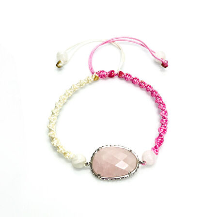 Pembe Kuvars Doğal Taş Makrome Örgü Bileklik