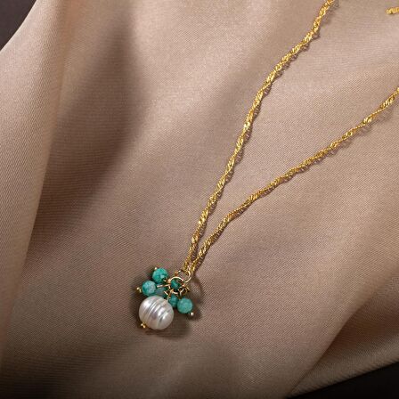 İnci-Amazonit Doğal Taş Gümüş Kolye